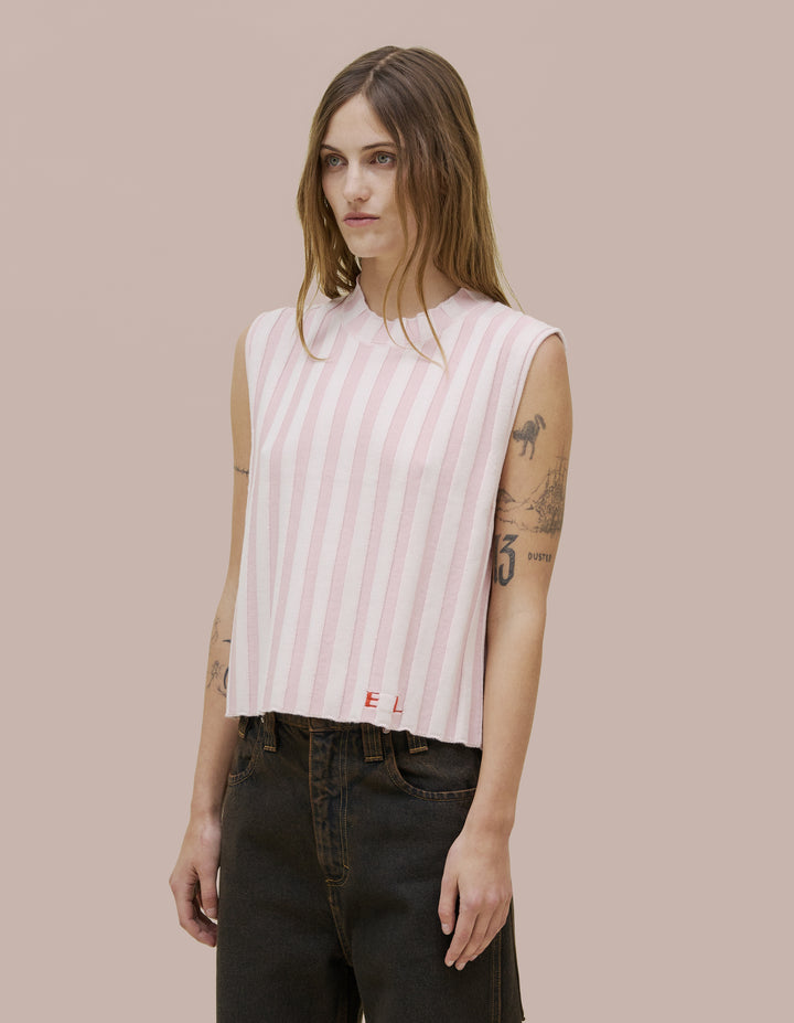 Classic Eckhaus Latta boxy crewneck vest in 100% merino wool with a contrast striped wide rib. Features our new intarsia knit EL logo in red.