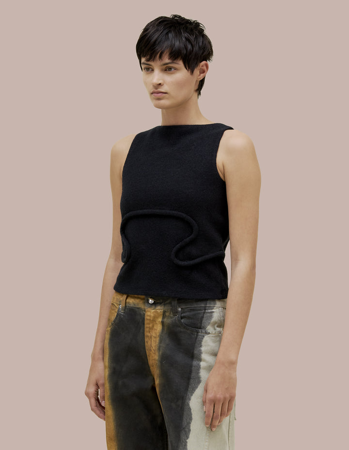Eckhaus Latta tank that features a boat neck with a boxy fit and bound curvilinear seams creating definition as they move across your body. Made from a boiled wool cotton blend.