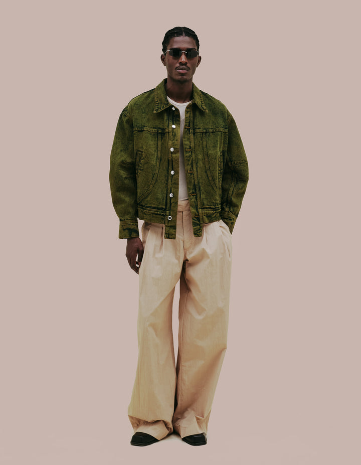 Eckhaus Latta signature denim jacket in green overdye. 