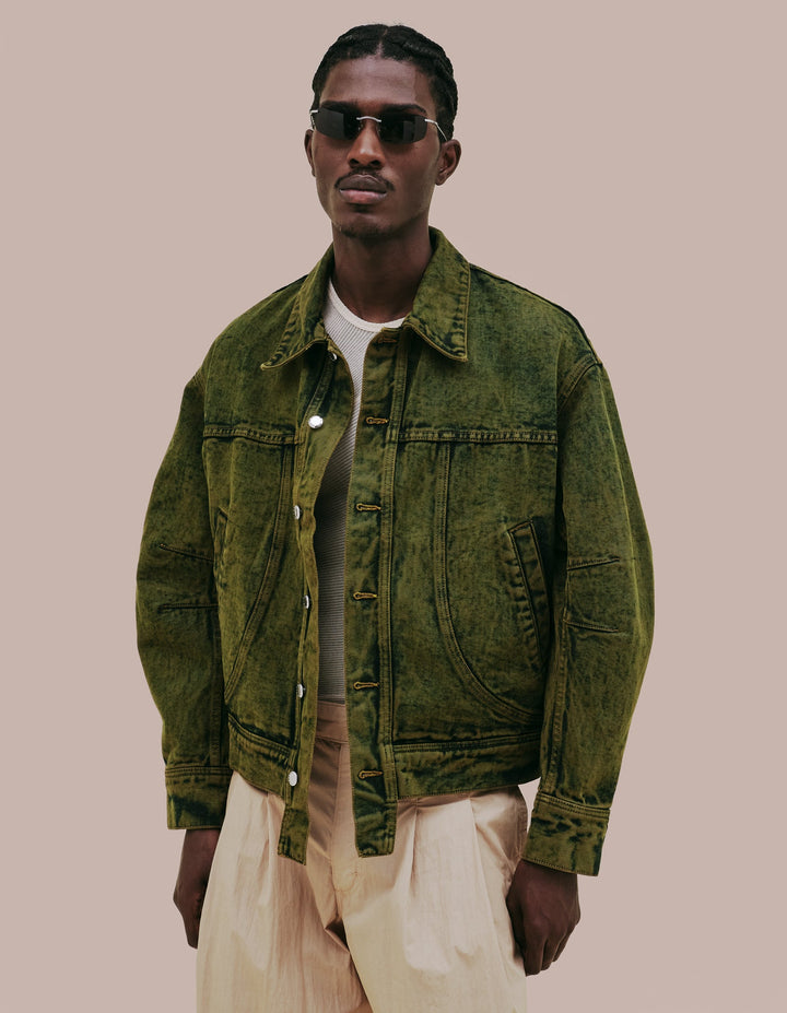 Eckhaus Latta signature denim jacket in green overdye. 