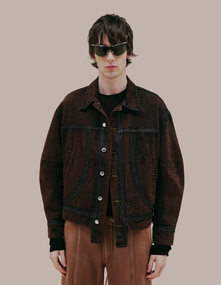 Eckhaus Latta signature denim jacket in brown with hand painted details. 