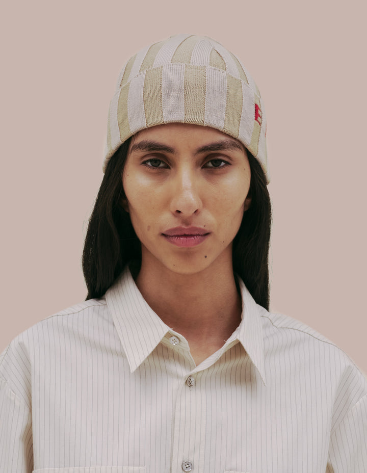 Eckhaus Latta ribbed knit beanie in merino wool. 