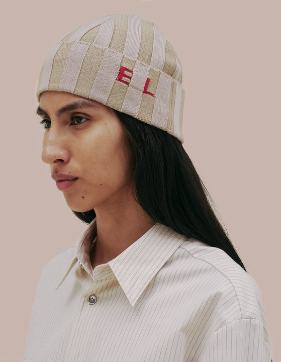 Eckhaus Latta ribbed knit beanie in merino wool. 