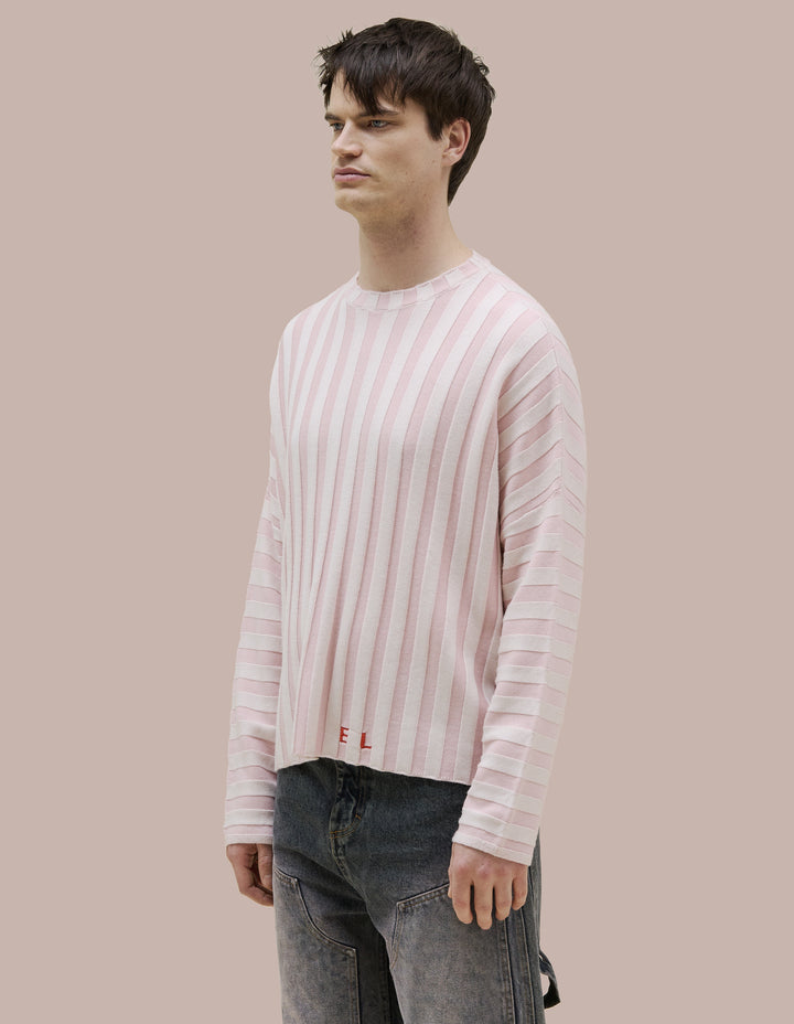 Eckhaus Latta boxy crewneck dolman shaped sweater in 100% merino wool with a contrast striped wide rib. Features our new intarsia knit EL logo in red.