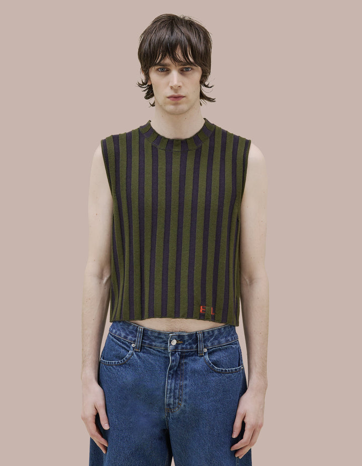 Classic Eckhaus Latta  boxy crewneck vest in 100% merino wool with a contrast striped wide rib. Features our new intarsia knit EL logo in red.