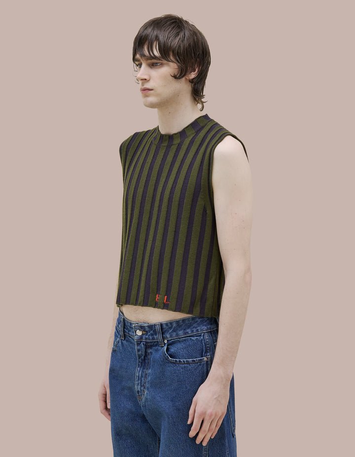 Classic Eckhaus Latta  boxy crewneck vest in 100% merino wool with a contrast striped wide rib. Features our new intarsia knit EL logo in red.