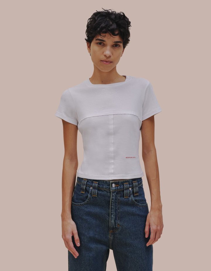 Eckhaus Latta cropped white tee shirt.