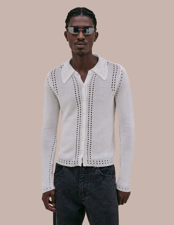 Eckhaus Latta knit button down with pointelle detailing. 