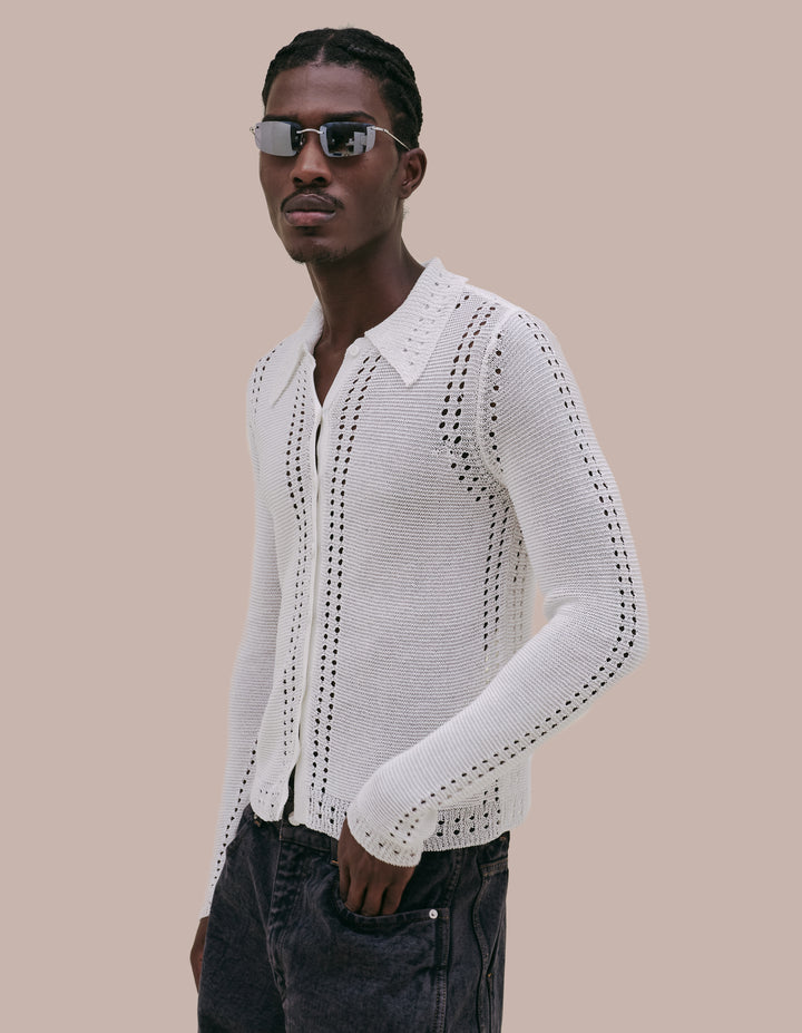 Eckhaus Latta knit button down with pointelle detailing. 