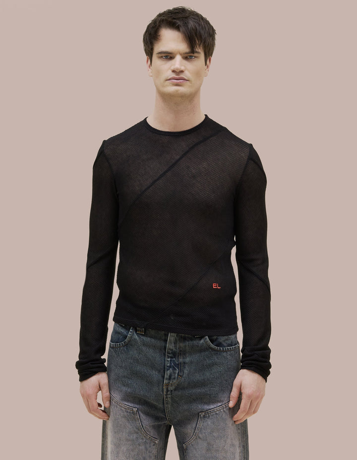 Bias cut longsleeve Eckhaus Latta crewneck made from an open gauge semi-sheer rib. Sleeves constructed with spiraling seams and finished with red EL logo embroidered on the lower left abdomen.