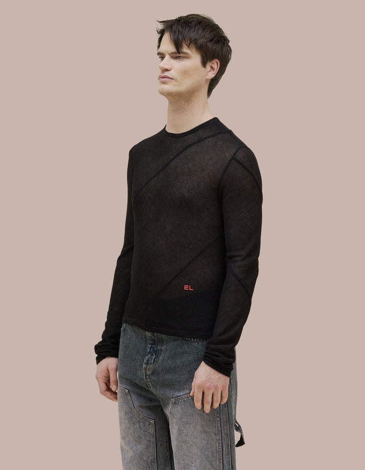 Bias cut longsleeve Eckhaus Latta crewneck made from an open gauge semi-sheer rib. Sleeves constructed with spiraling seams and finished with red EL logo embroidered on the lower left abdomen.