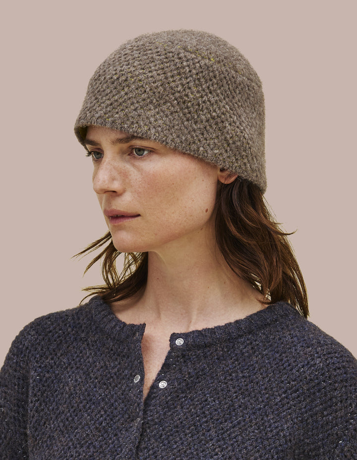 Fez shaped cap constructed from a soft doublefaced knit.